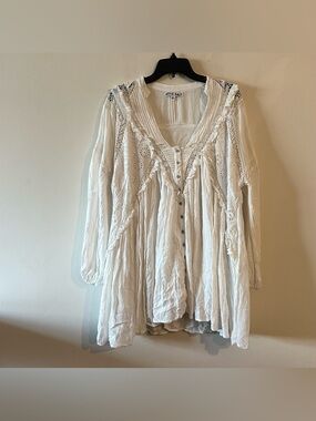 Attic Salt Boho Ruffle Lace White Eyelet Tunic Mini Dress Long Sleeve M